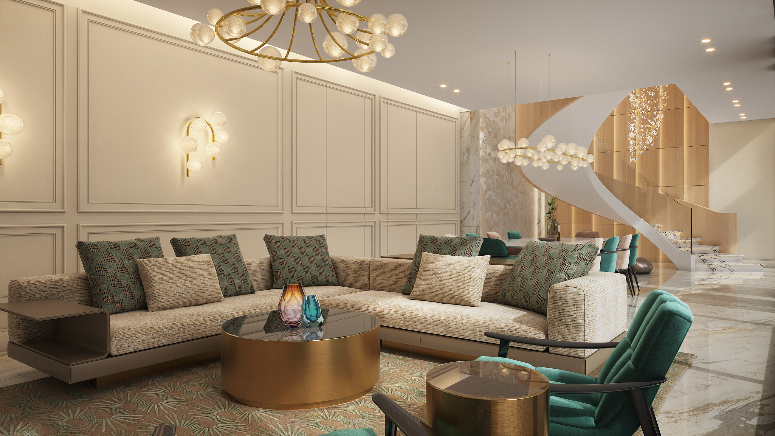 Riyadh 3D Living Dining Stairs 3D Rendering